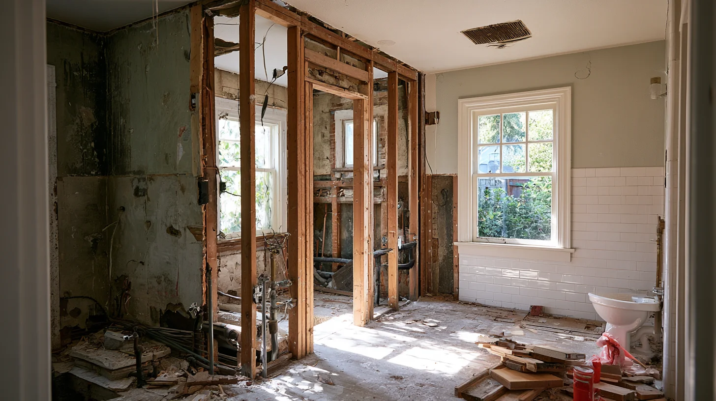 Bathroom remodel with relocated plumbing fixtures and redesigned layout