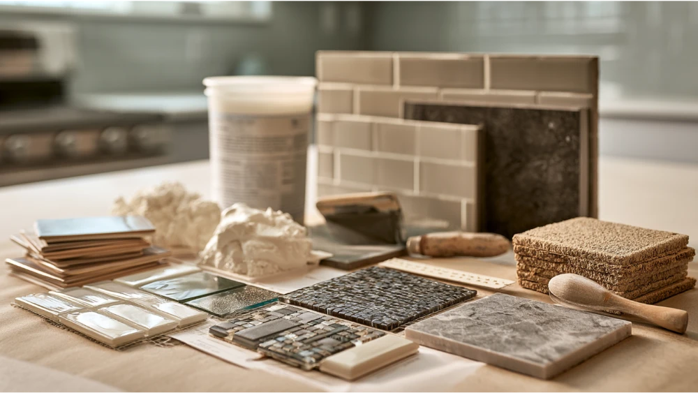Homeowner installing ceramic subway tile backsplash on a flat kitchen wall