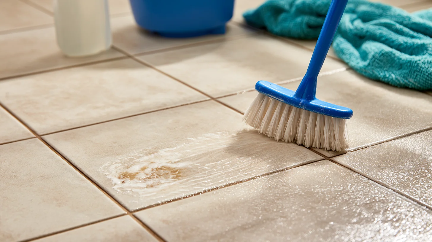 Deep cleaning ceramic tile with a soft brush and tile-safe cleaning solution