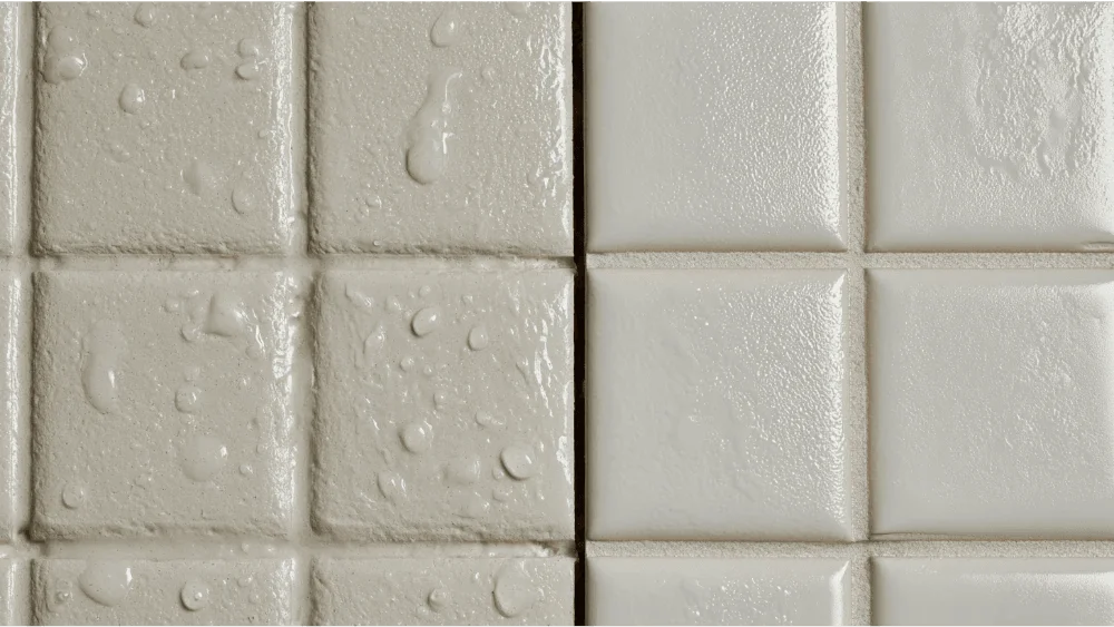 Comparison of sealed and unsealed tile grout showing water resistance