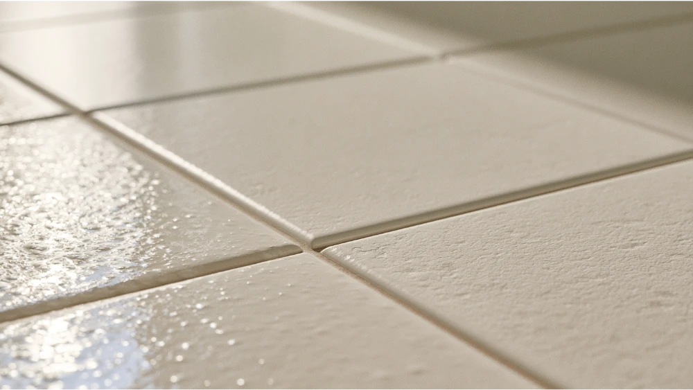 Tile grout being protected with a clear grout sealer