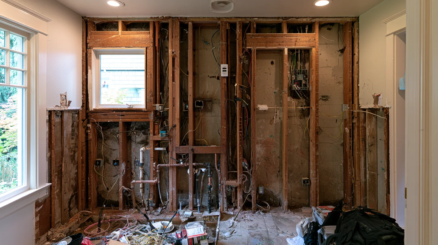 Older Portland bathroom undergoing electrical and building code upgrades