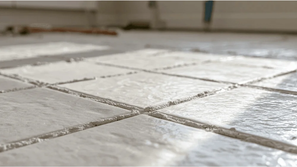 Freshly installed tile grout drying before grout sealer application