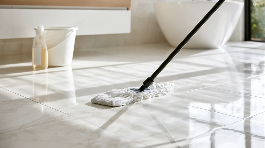 Cleaning porcelain tile floor with a microfiber mop without damaging the tile or grout