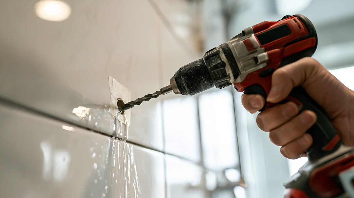 Homeowner safely drilling a hole into ceramic tile without cracking the surface