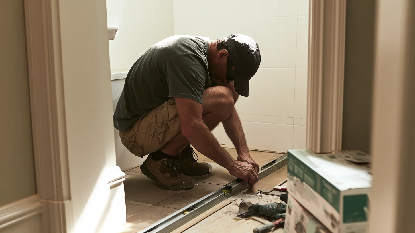 Professional bathroom floor tile installation with porcelain tiles and proper mortar coverage