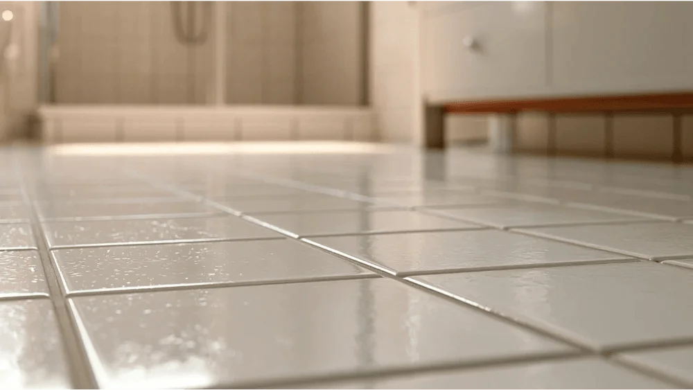 Newly sealed bathroom tile grout curing before water exposure