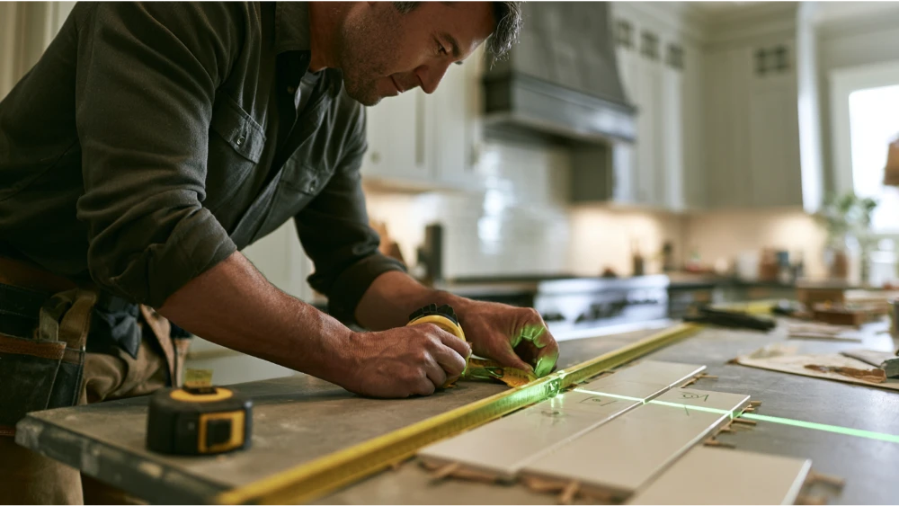 Tile backsplash layout being measured and planned with a level and tile samples
