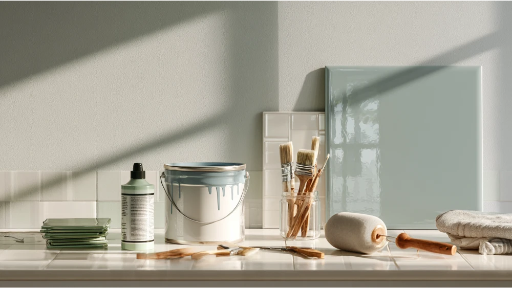 Tile-specific paint, epoxy coating, bonding primer, and ceramic tile samples for a painting project