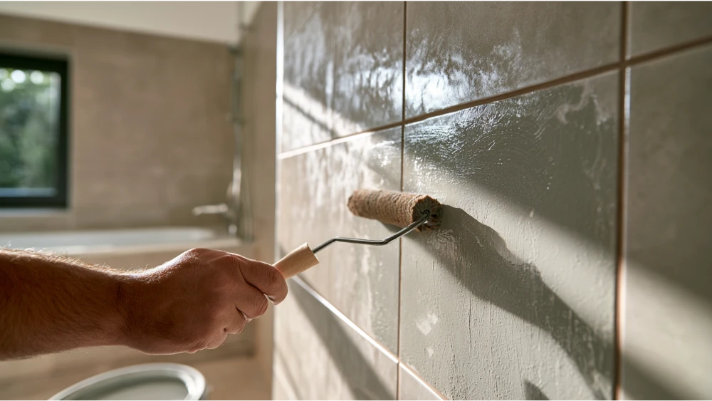 Bathroom ceramic wall tile being painted with a tile-specific coating