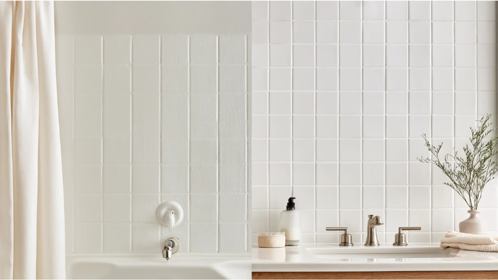 Comparison of painted ceramic tile and newly installed replacement tile in a home