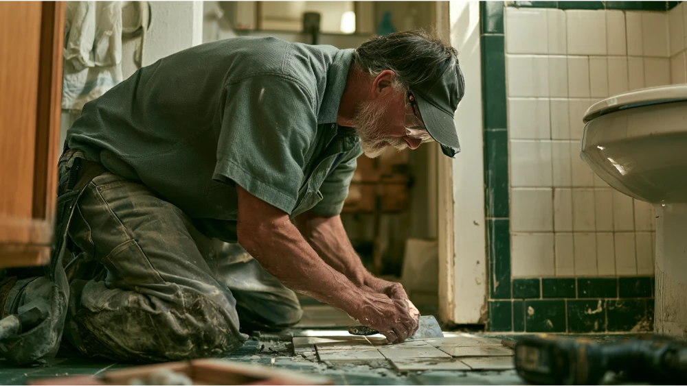 Tile professional inspecting cracked and loose bathroom tiles for repair or replacement