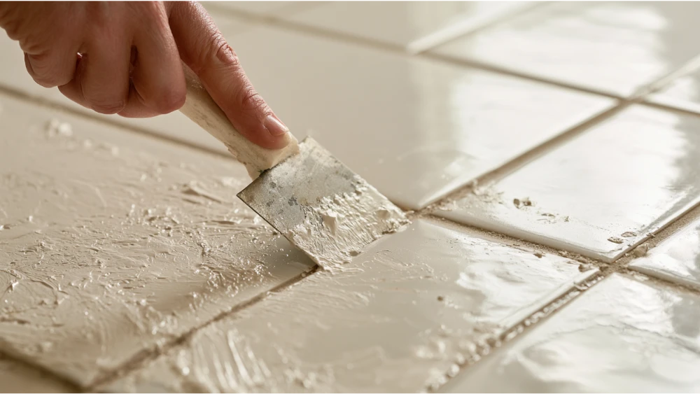 Using a plastic scraper to remove dried paint from porcelain tile