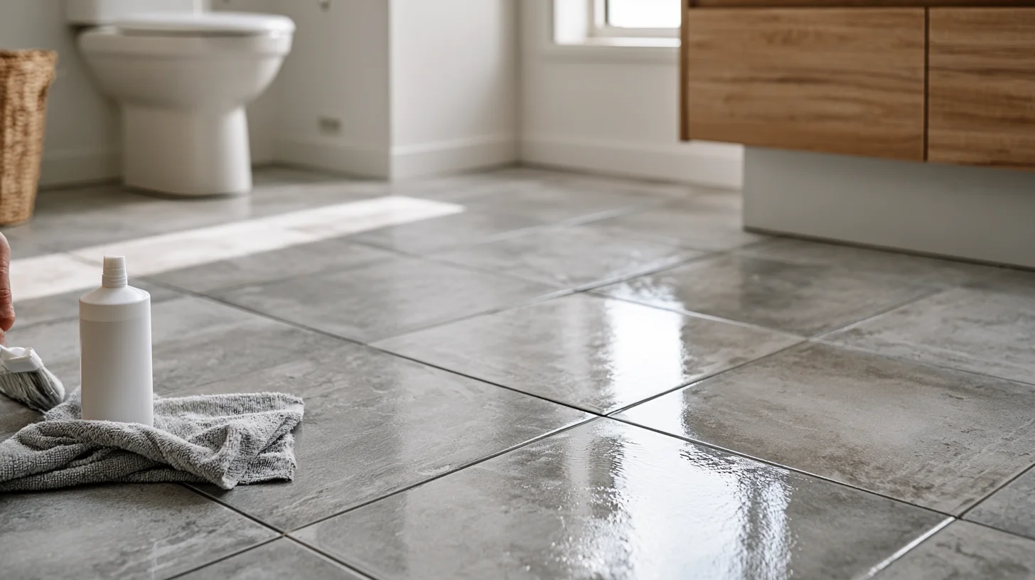 Freshly grouted bathroom floor being sealed before fixtures are reinstalled