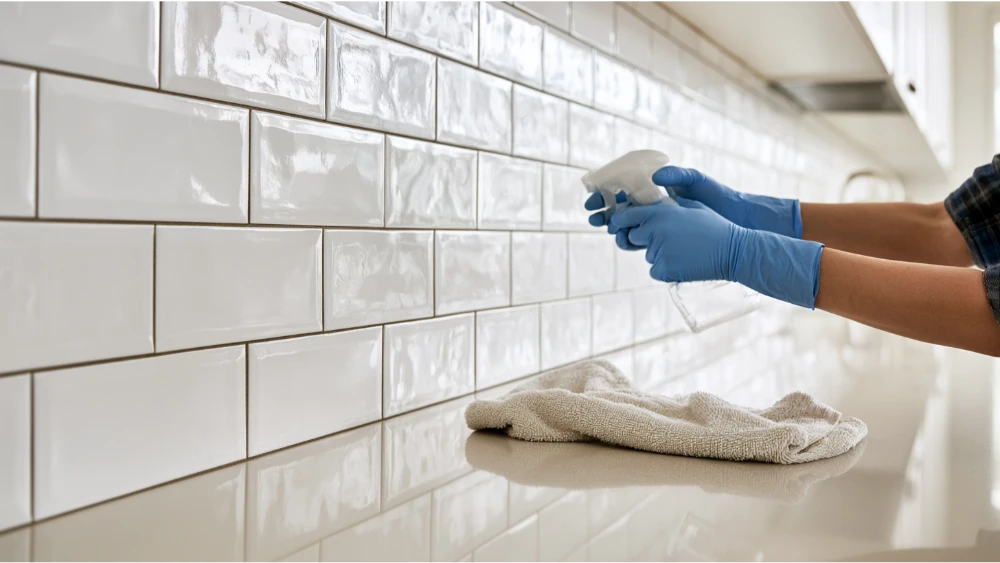 Homeowner cleaning and sealing grout on a finished kitchen tile backsplash