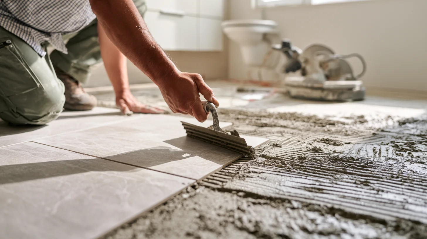 Bathroom floor tiles being set into mortar with spacers for even grout joints