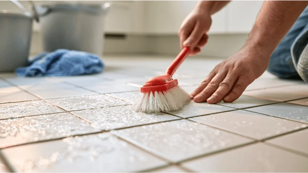 Homeowner applying grout sealer along clean bathroom tile grout lines