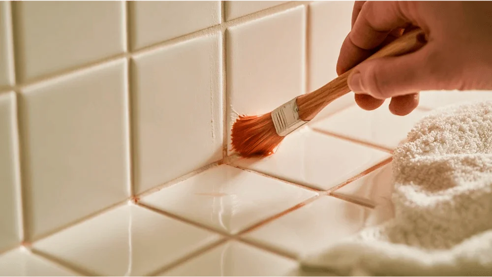 Homeowner cleaning tile grout with a nylon brush before sealing