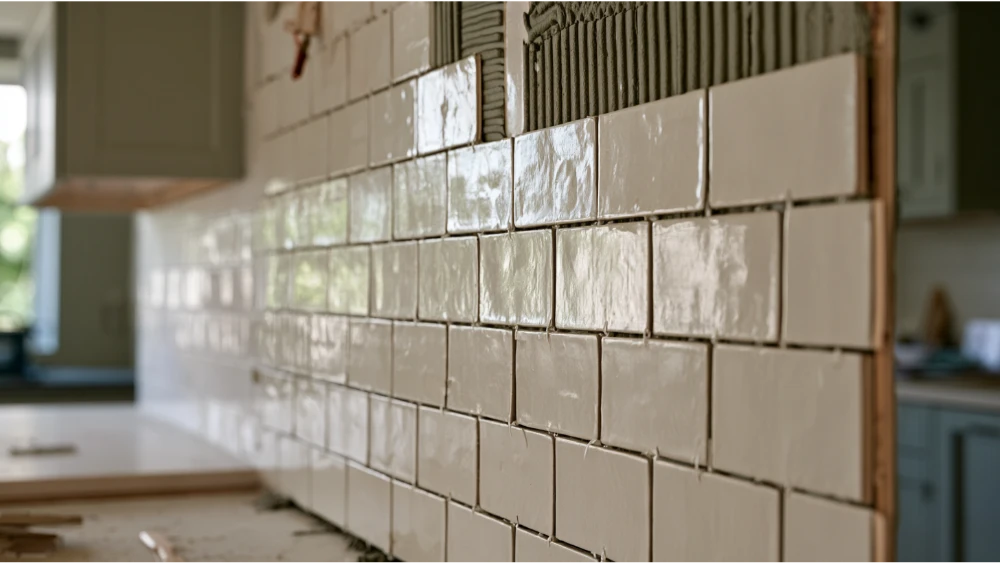 Newly installed backsplash tiles resting while adhesive cures before grouting