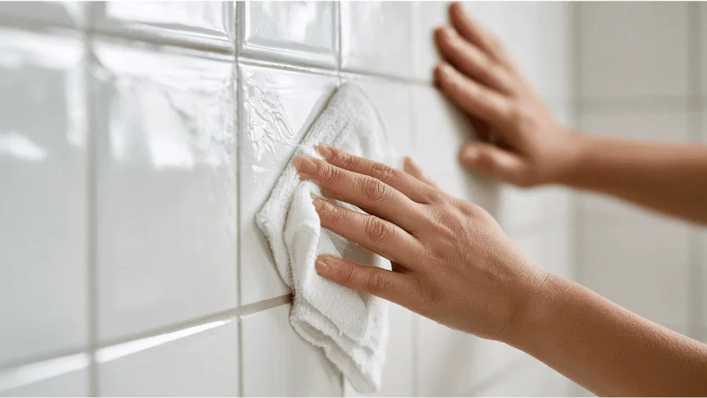 Wiping excess grout sealer from ceramic tile surface with a microfiber cloth