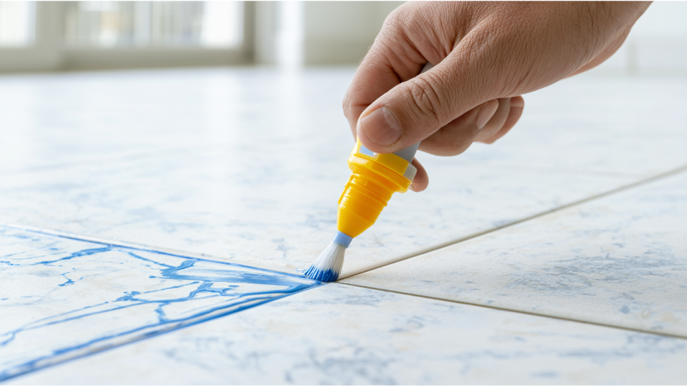 Cleaning porcelain tile grout using a nylon grout brush and gentle cleaner.
