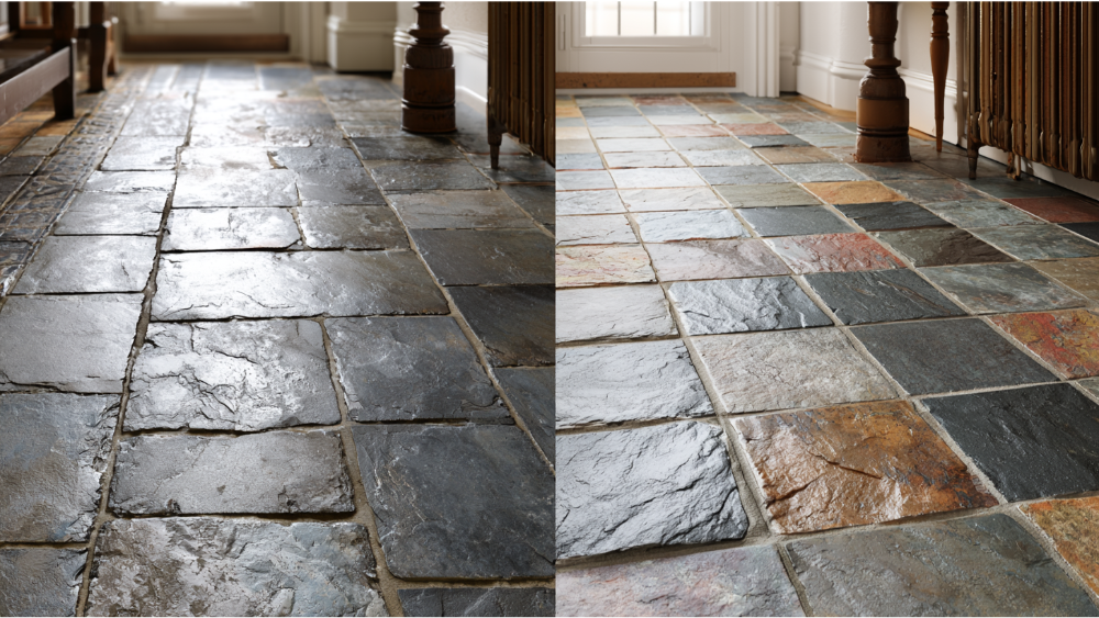 Comparison of dull cloudy slate flooring and clean restored sealed slate floor.