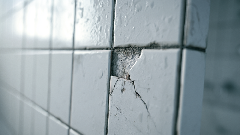 Chipped bathroom shower tile near grout lines showing potential moisture damage.