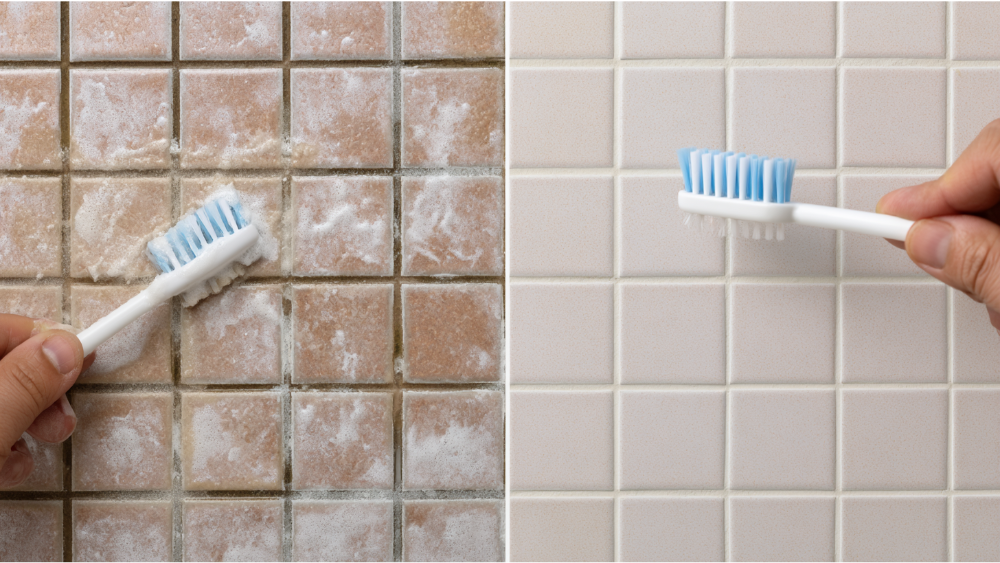 Cleaning bathroom grout using baking soda paste and a soft nylon brush.