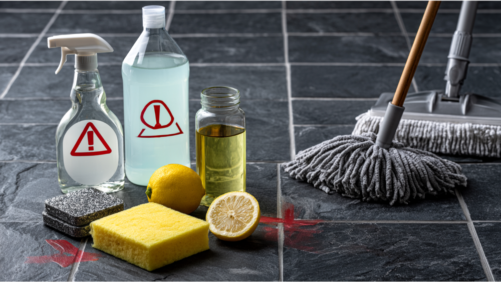 Unsafe cleaning products like vinegar, bleach and abrasive pads next to natural slate flooring.
