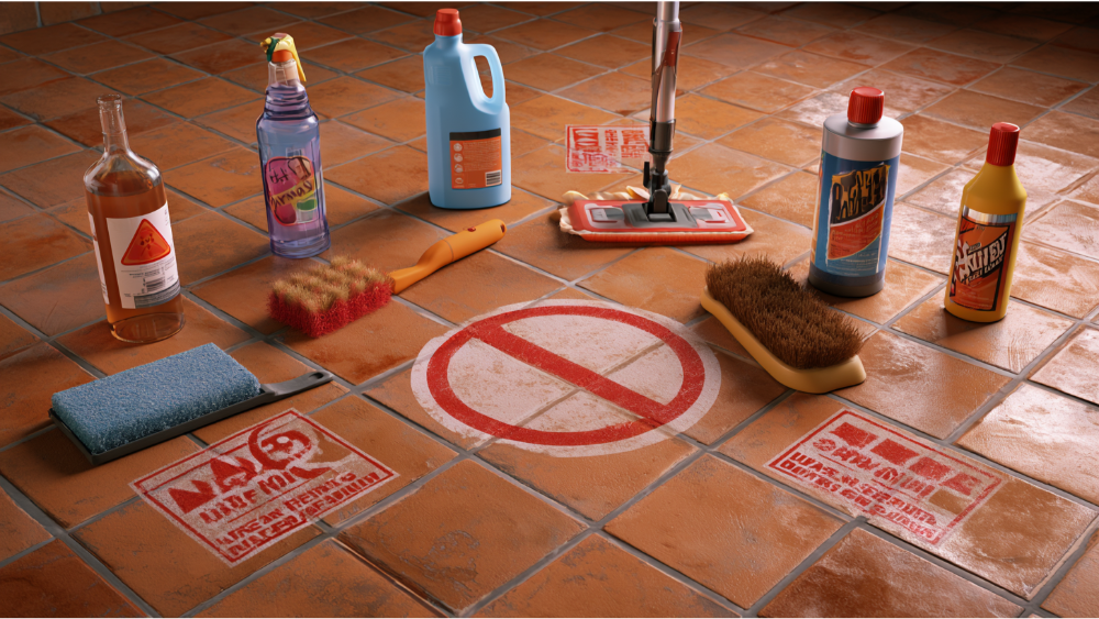 Unsafe cleaning products including vinegar, bleach, steam mop and steel wool beside terracotta flooring.