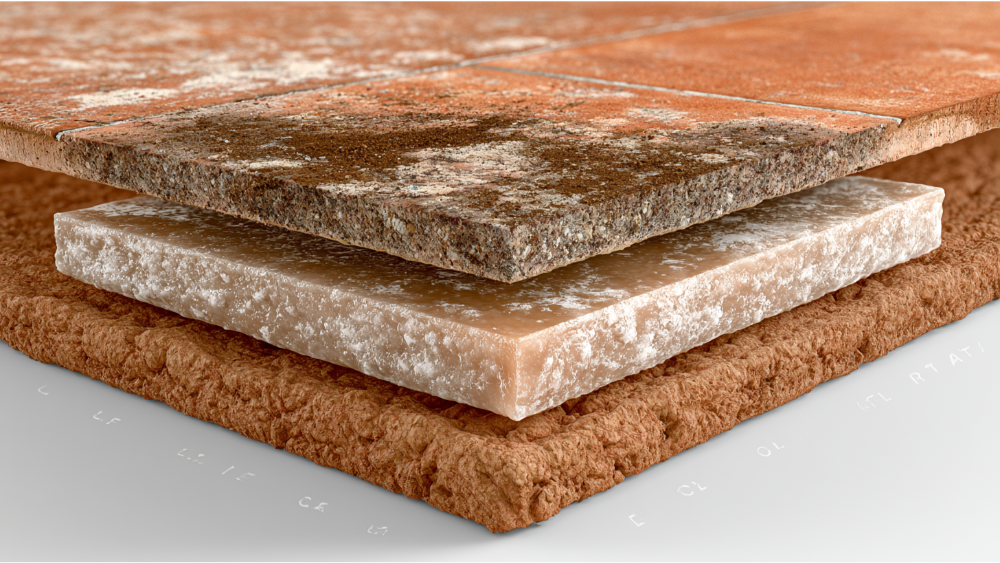 Unsafe cleaning products including vinegar, bleach, steam mop and steel wool beside terracotta flooring.