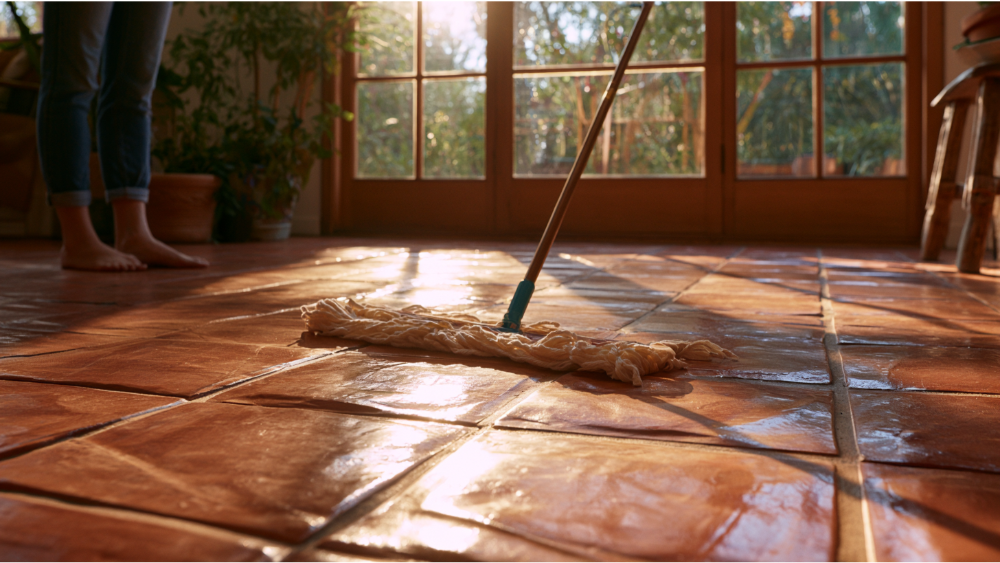 Homeowner cleaning sealed terracotta floor tiles using a microfiber mop and pH-neutral cleaner.