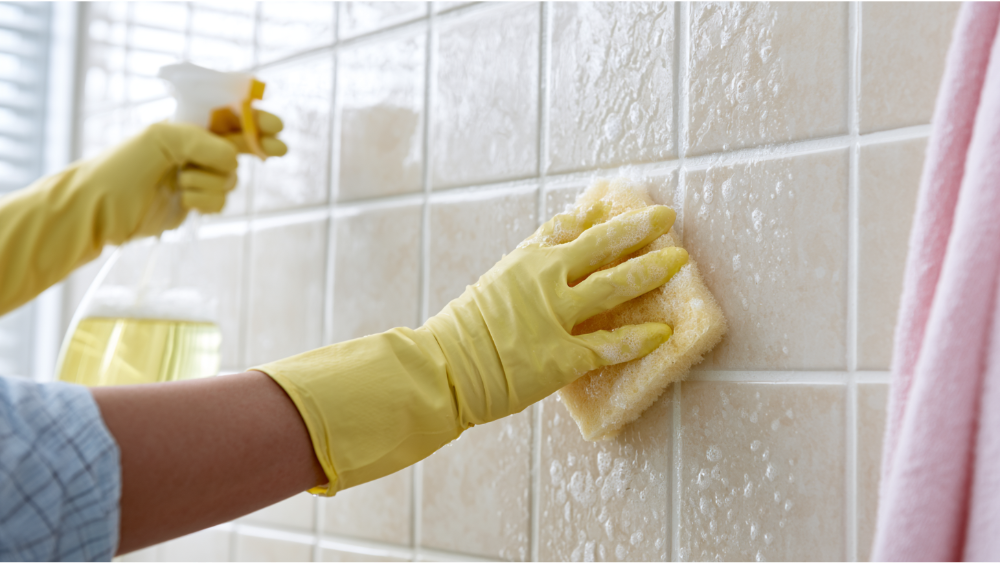 Close-up showing clean shower grout lines beside ceramic tiles