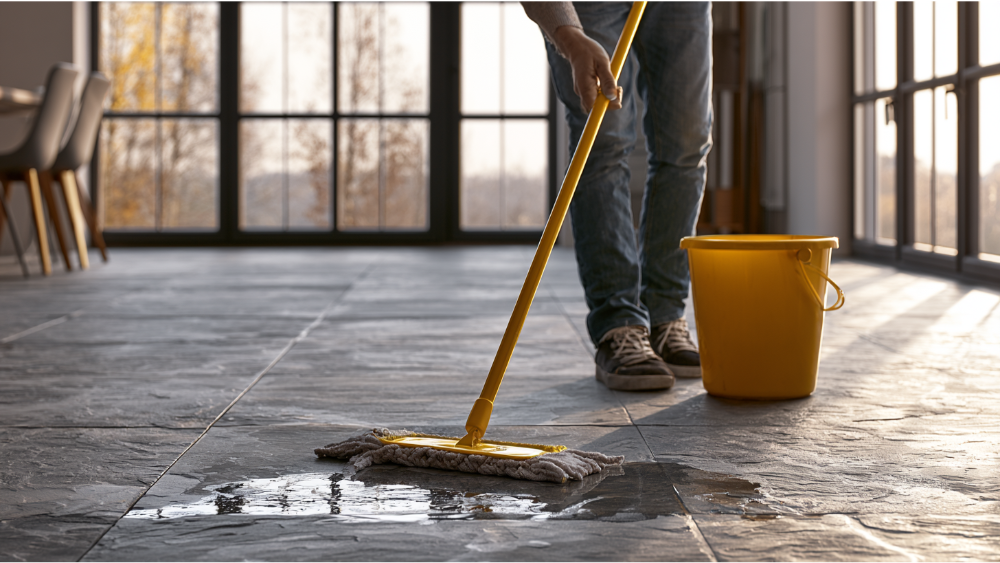 Homeowner cleaning a natural slate tile floor with a microfiber mop and pH-neutral cleaner.