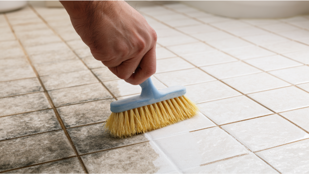 Homeowner cleaning dirty ceramic tile grout with a nylon brush, showing before and after grout results.