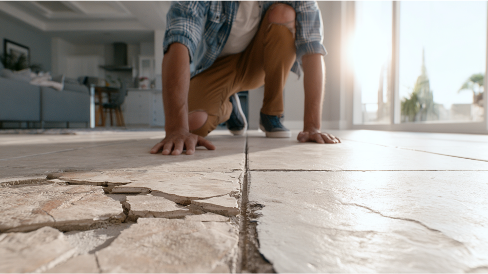 Split-screen showing a chipped ceramic tile before repair and a restored tile after repair.