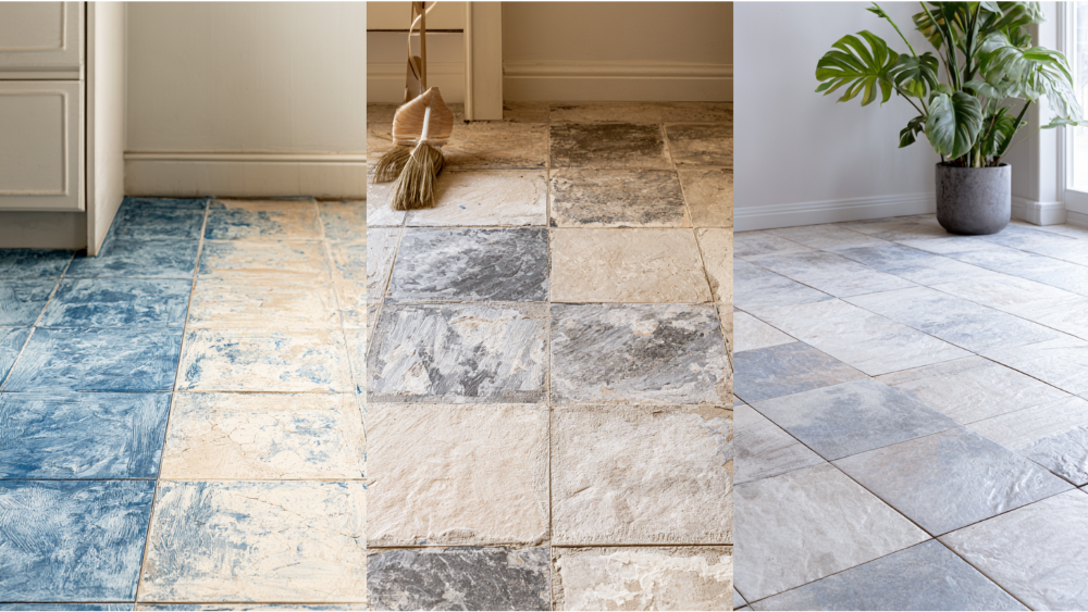 Comparison of painted tile, repaired tile, and newly installed ceramic tile.