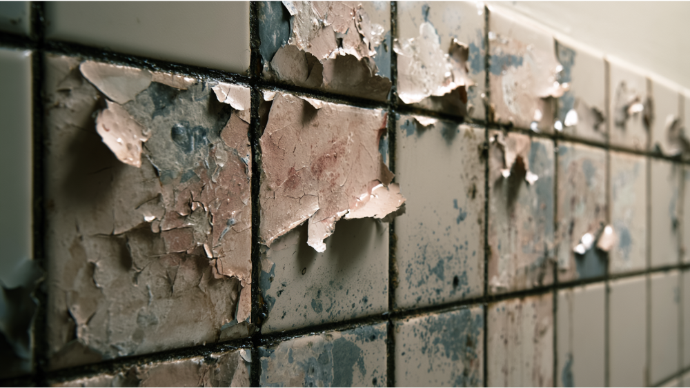 Peeling paint on glossy bathroom tile caused by moisture.