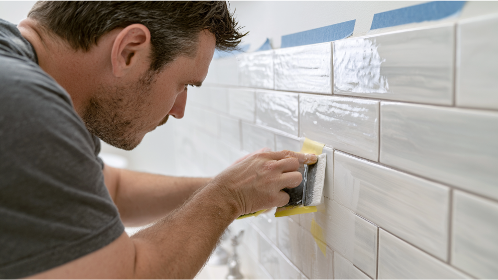 Sanding ceramic tile before applying primer and paint.