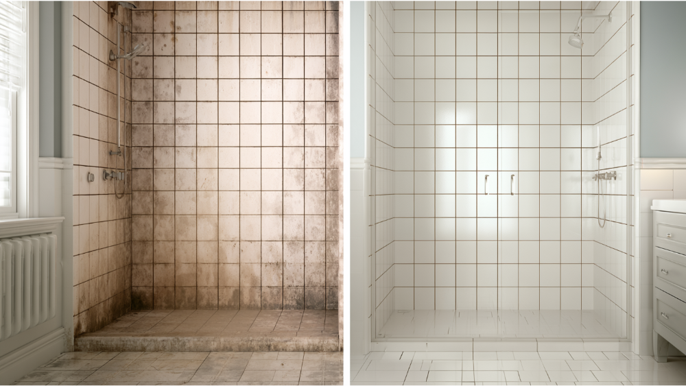 Before and after cleaning bathroom tiles affected by soap scum, mildew and hard water stains.