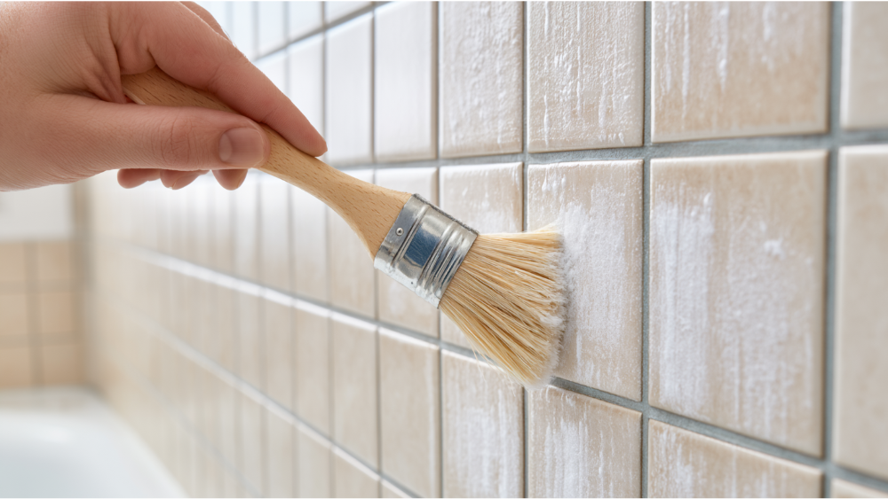Applying baking soda paste to shower grout for safe cleaning