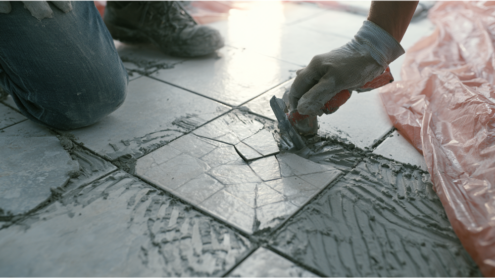 Applying color-matched epoxy to repair a small chip in a ceramic floor tile.
