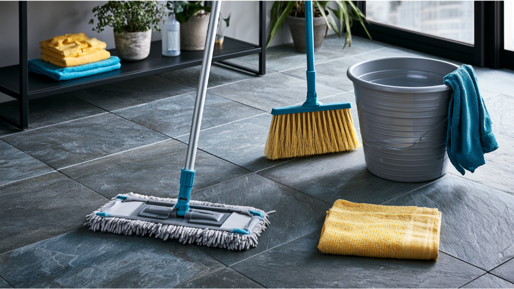 Cleaning slate floor using a microfiber mop, soft broom and pH-neutral stone cleaner.