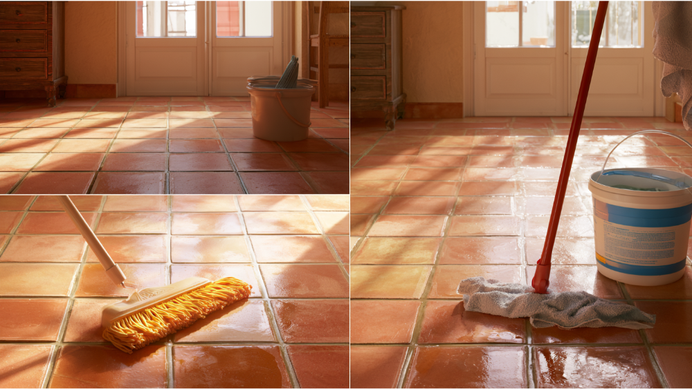 Cleaning sealed terracotta flooring using a microfiber mop and pH-neutral tile cleaner.