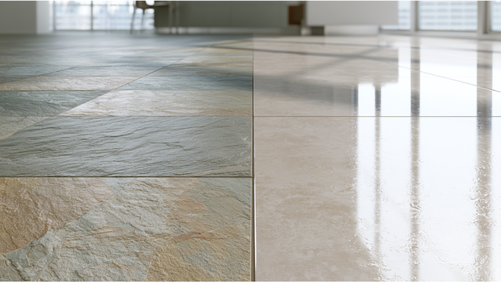 Comparison between natural slate flooring and ceramic porcelain tile surfaces.