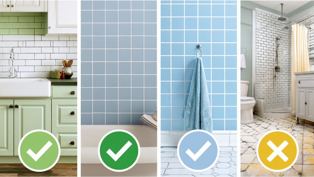 Comparison of painted tile surfaces including backsplash, walls, shower, and floor.