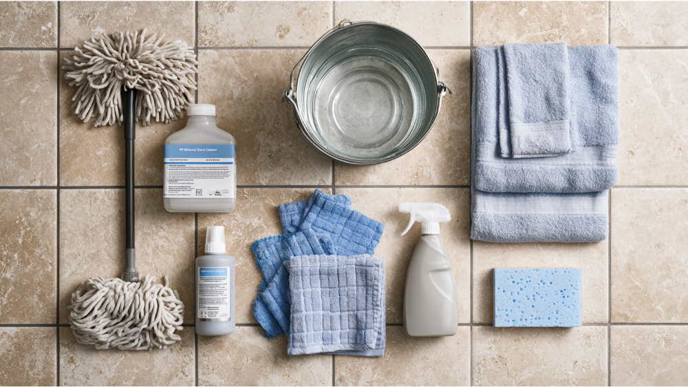 Travertine-safe cleaning tools including a microfiber mop, pH-neutral stone cleaner, soft brush, and microfiber cloths.