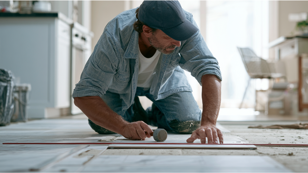 Professional contractor inspecting existing ceramic floor tiles before installing new tile over old tile in a residential home.