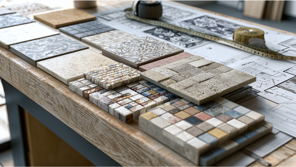 Ceramic, porcelain, natural stone, and mosaic floor tiles prepared for installation.