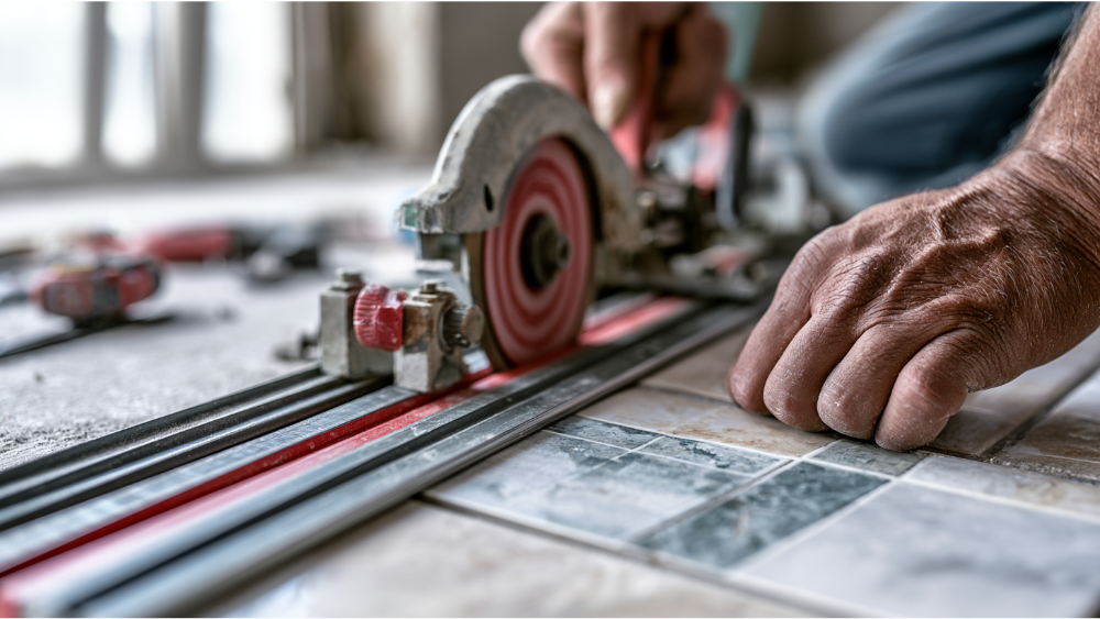 Contractor using a manual score-and-snap tile cutter on ceramic tile.